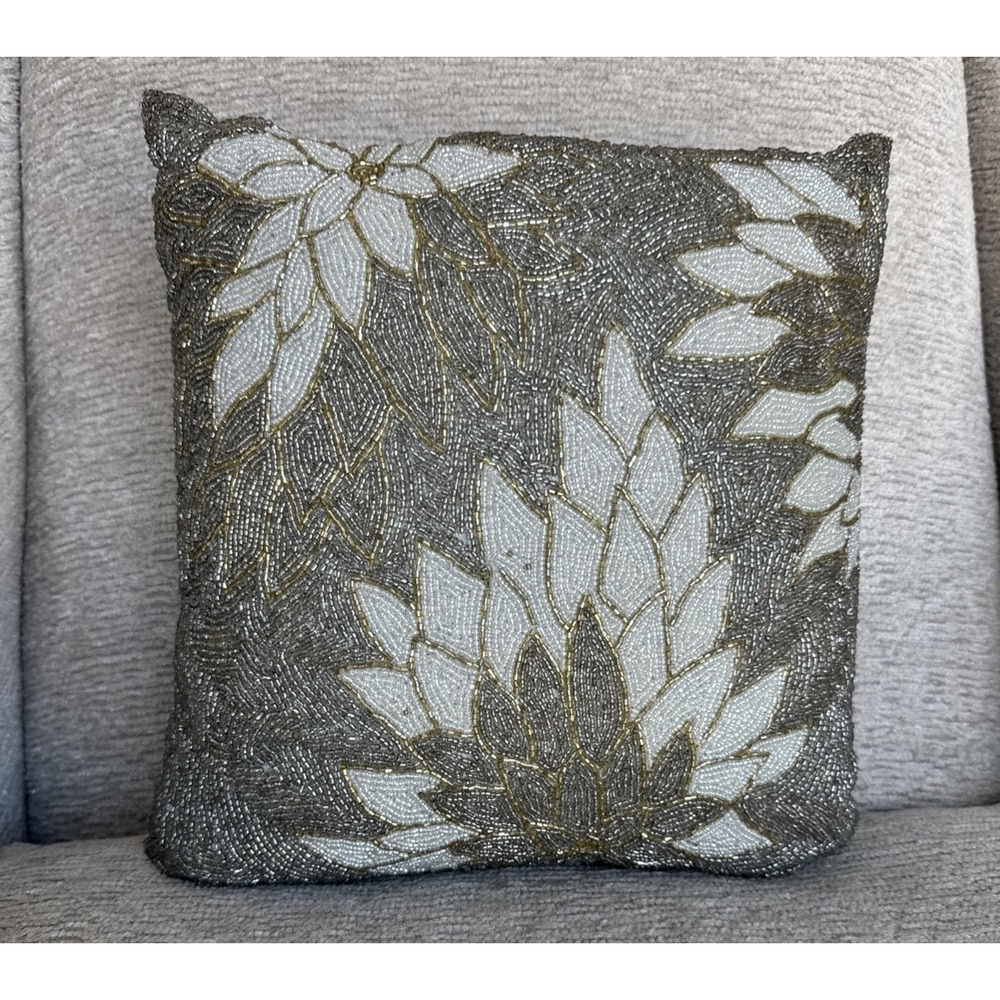 Pier 1 Imports Vintage Beaded Floral Throw Pillow Silver Gray Metallic 12"